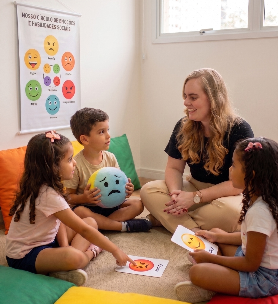 Ilustração de crianças brincando e cooperando juntas na terapia ocupacional