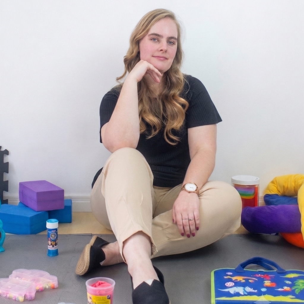 Letícia Neufeld sentada de pernas cruzadas com a mão no queixo cercada por brinquedos sensoriais no chão